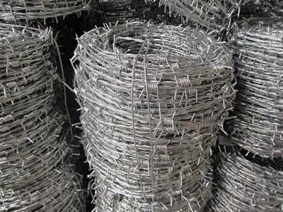 Galvanized barbed wire for security fencing.